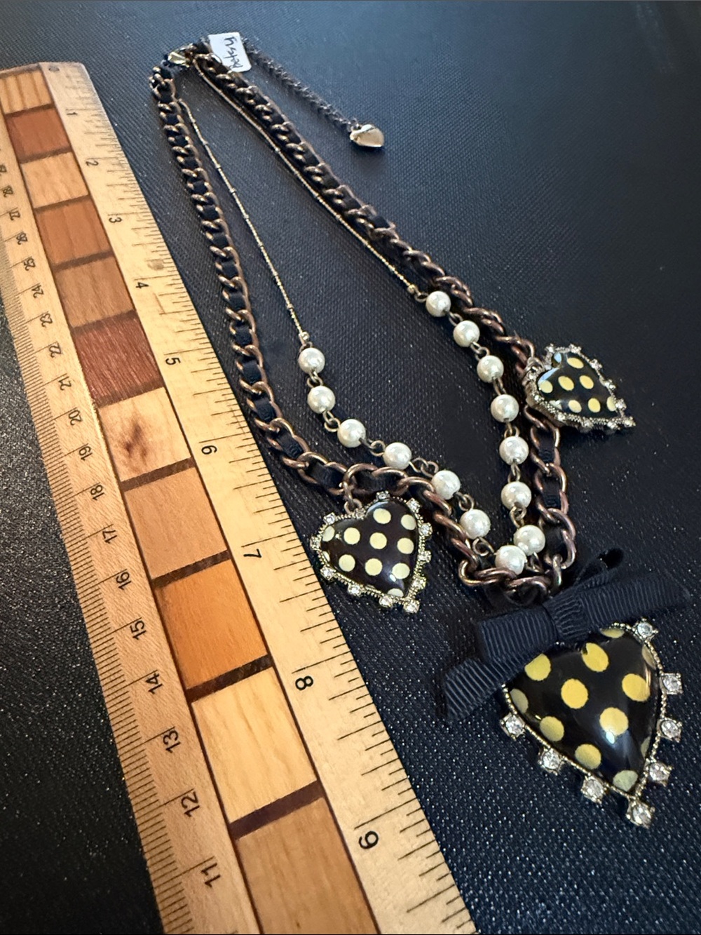 Betsy Johnson Polka Dot Heart Pendant Necklace with Pearl Accents Black & cream